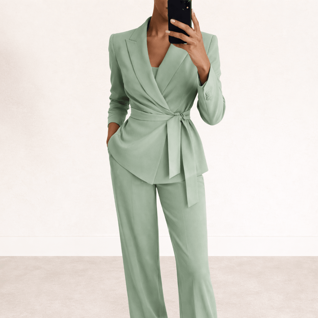 Women's two piece set featuring a stylish tie belt and wide trousers, perfect for work and formal events, showcasing an elegant modern design. 0